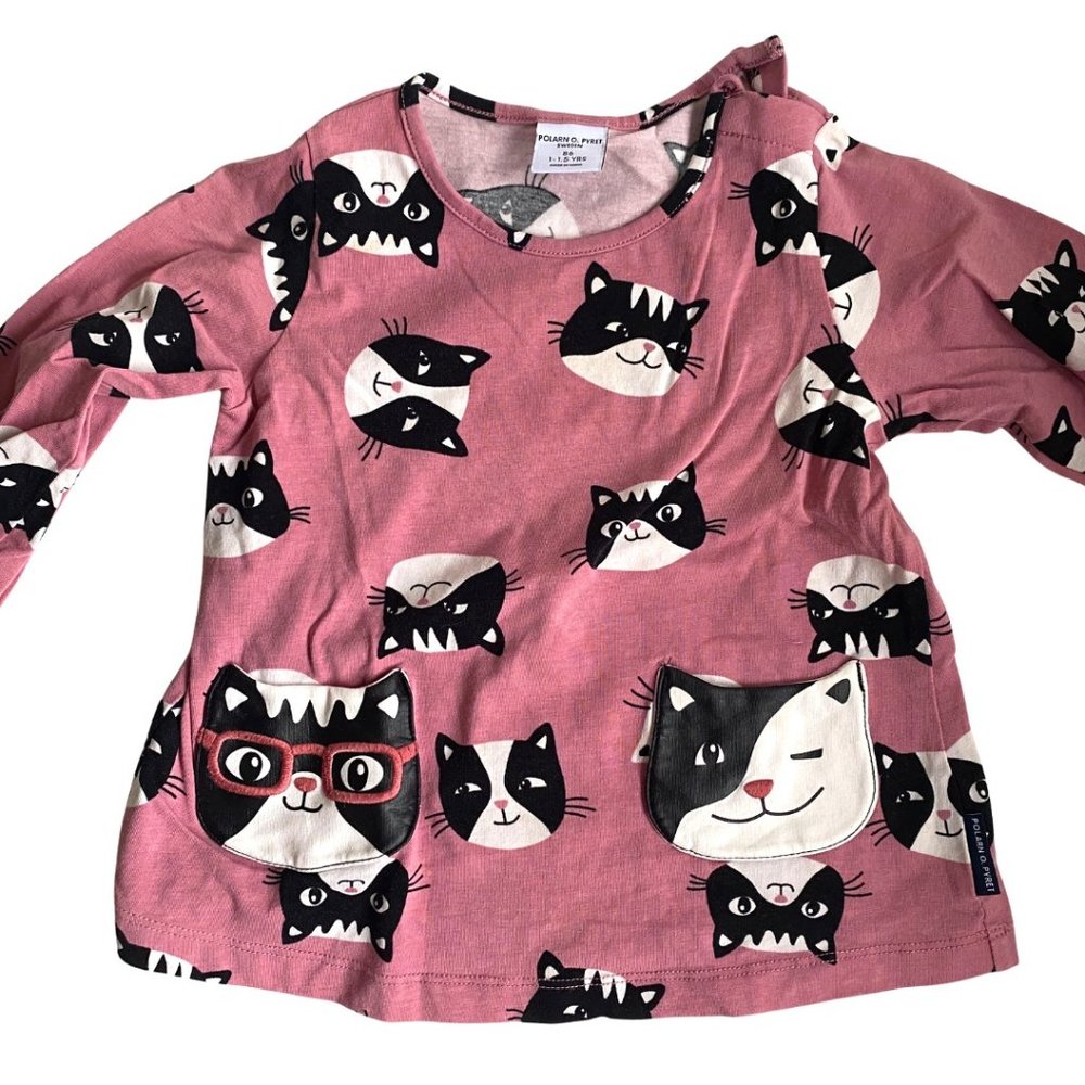 Polarn O. Pyret size 1-1.5 yeas old 86 cm, pink cat print blouse w/ front pocket